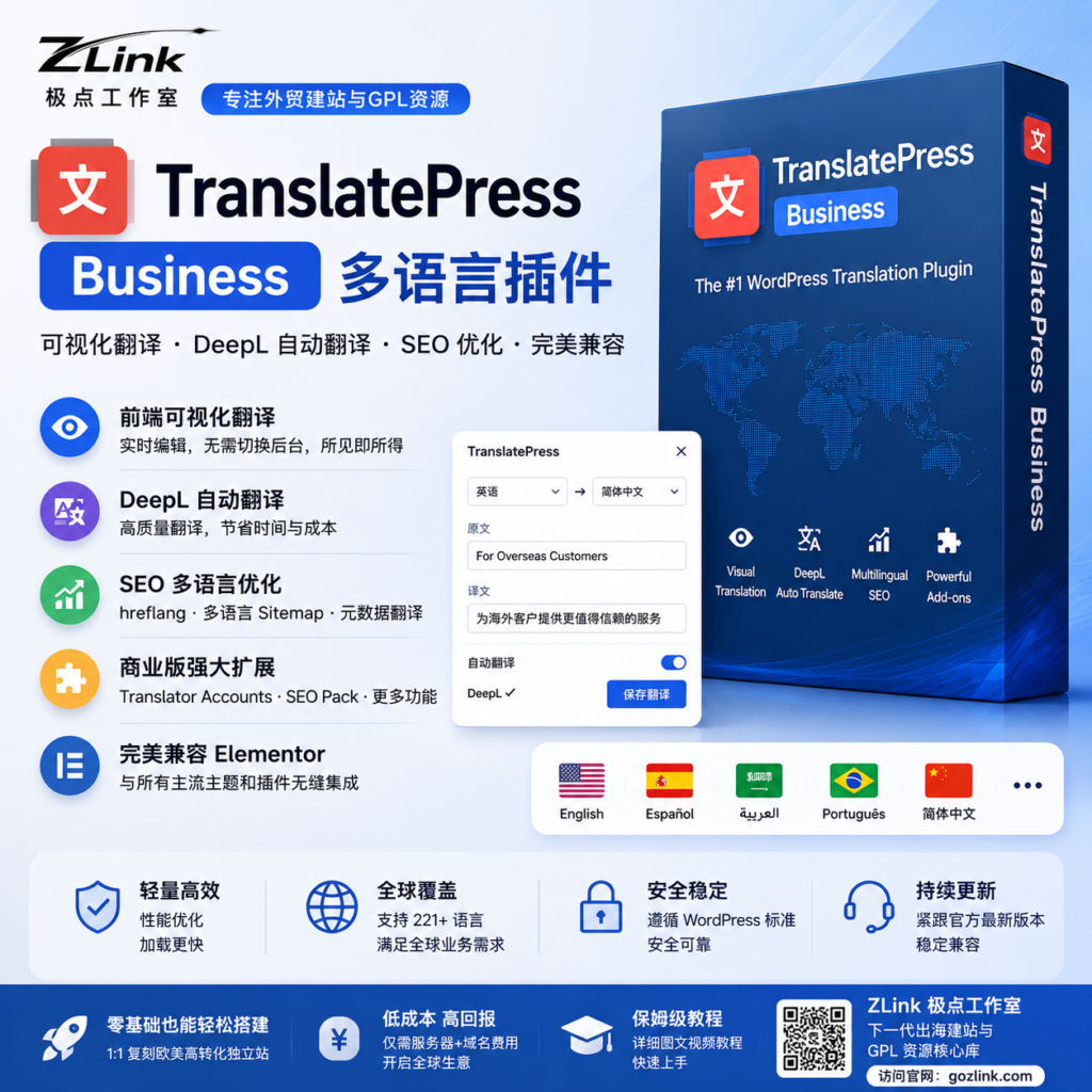 TranslatePress Business (GPL版) - 外贸独立站可视化多语言翻译神器